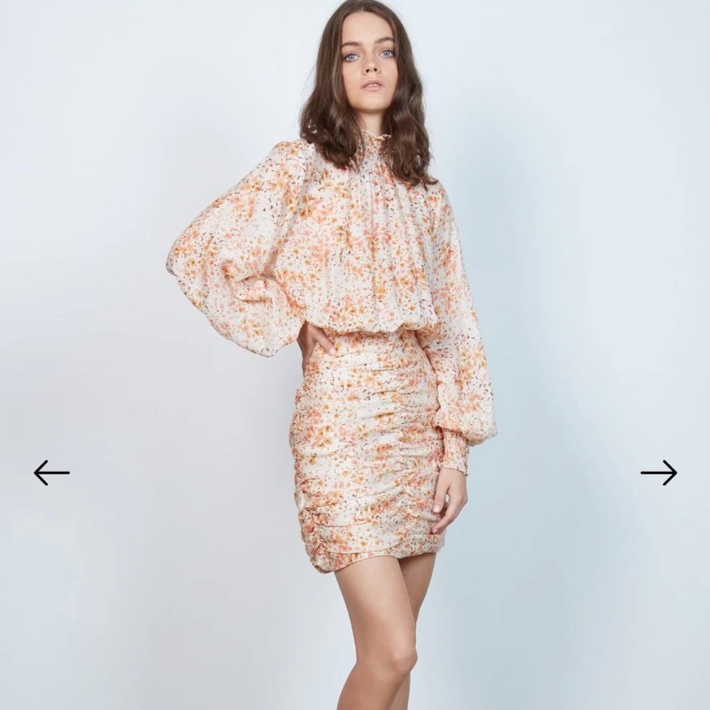 Floral Print Long Sleeve Mini Dress - Peach/White - Picture 3 of 10